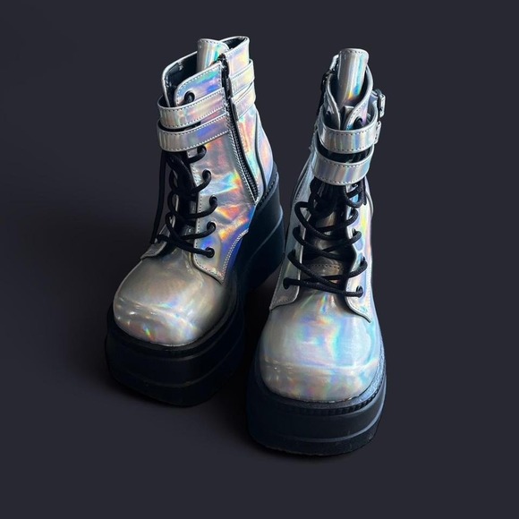Demonia Shoes - Sz6 silver hologram demonia platform shaker 52 boots goth rave festivalwear